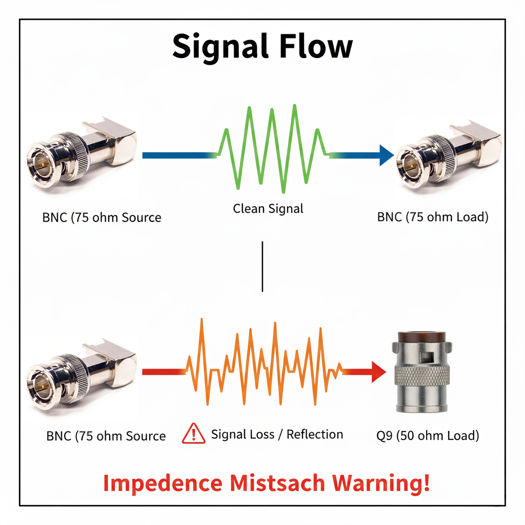 Signal loss diagram when mixing 75 ohm BNC with 50 ohm Q9 connector