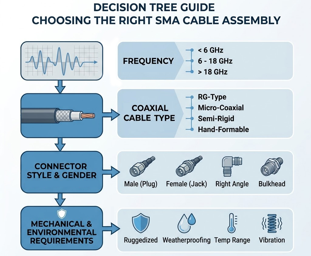 A step-by-step flowchart guiding engineers from frequency selection to cable selection (1.13mm vs RG316 vs RG142 vs RG402) and connector gender matching.