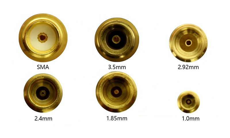 A lineup of SMA, 3.5mm, 2.92mm, 2.4mm, 1.85mm, and 1mm coaxial connectors, showing the differences in size and design for high-frequency applications.