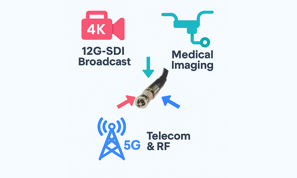 Infographic illustrating three major industries—4K Broadcast, Medical Imaging, and 5G Telecom—as key drivers for the miniaturization of BNC connectors.
