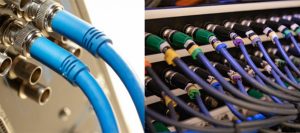 A side-by-side photo showing BNC cables connected to the rear panel of electronic equipment, highlighting proper cable strain relief and management in a high-density connection environment.