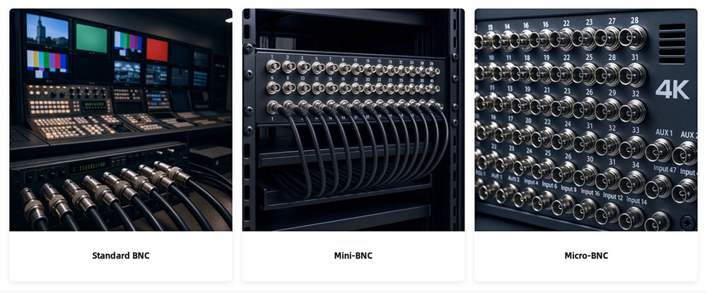 A three-panel photo comparison showing the evolution of BNC connectors in broadcast equipment, from the larger Standard BNC, to the denser Mini-BNC, and finally the high-density Micro-BNC used in 4K applications.