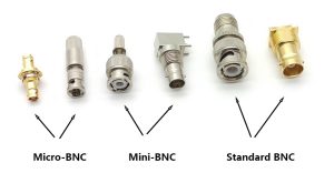 Renhotec BNC, Mini BNC, and Micro BNC coaxial connectors arranged for visual size comparison.