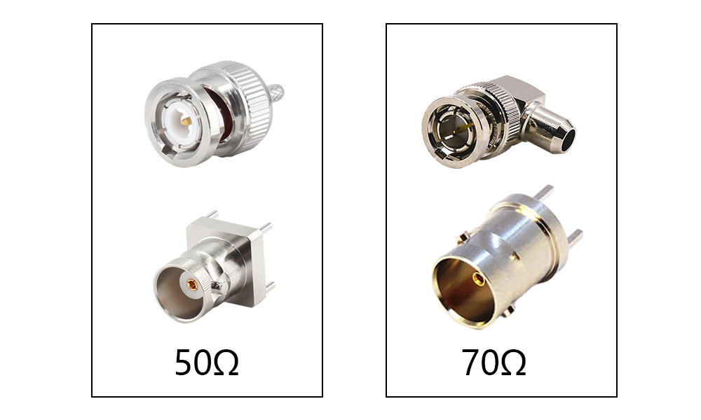 A side-by-side photo comparing two styles of 50 Ohm BNC connectors (left) and two styles of 75 Ohm BNC connectors (right), illustrating the visual difference in their inner structure and housing.