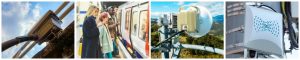 A collage of four images showing diverse RF application environments: a cable connector on an outdoor structure, people waiting on a subway platform, a dish antenna on a remote hillside, and a large 5G antenna unit mounted on a pole.