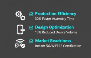 Infographic listing three quantifiable project outcomes: Production Efficiency (30% Faster Assembly Time), Design Optimization (15% Reduced Device Volume), and Market Readiness (Instant 5G/WiFi 6E Certification).
