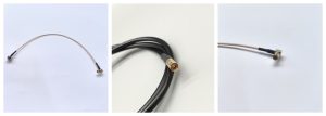 Three panel collage showing flexible coaxial cable assemblies with SMB connectors, highlighting the full cable, a coiled section, and a close-up of a connector end.