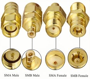 Comparison photo of gold-plated SMA and SMB coaxial RF connectors, showing the distinct internal pin/socket configurations for male and female types.