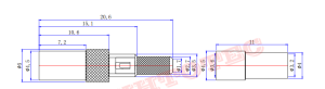 Technical drawing showing the side profile and dimensions in millimeters for an SSMB RF connector.