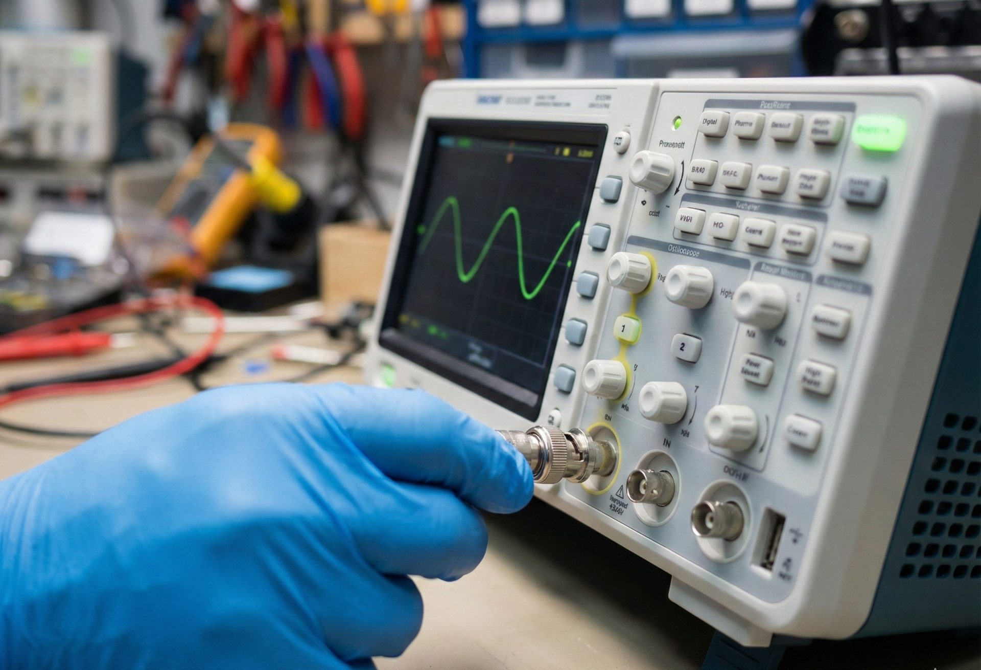 plugging a BNC cable into a digital oscilloscope
