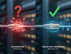A comparison diagram showing an open RF port with red chaotic signal reflections versus a port with a gold SMA 50 Ohm terminator showing a smooth blue stable wave.