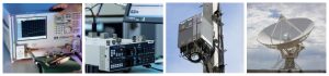A four-panel collage illustrating telecommunications technology: a technician using a spectrum analyzer in a lab, high-end RF rack equipment, a cellular base station mounted on a pole, and a large satellite ground station dish.