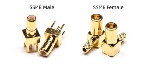 SSMB Male and Female PCB mount RF connectors in straight and right-angle configurations.