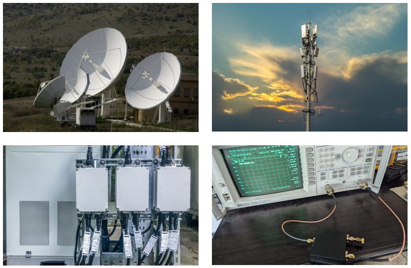 RF power dividers installed in a telecommunications signal distribution rack and test equipment,