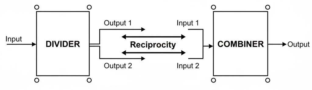 RF power divider and combiner block diagram illustrating signal flow and reciprocity.