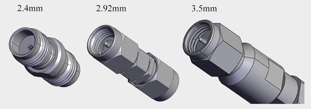 Cross-section comparison of 3.5mm, 2.92mm, and 2.4mm high frequency RF connectors.