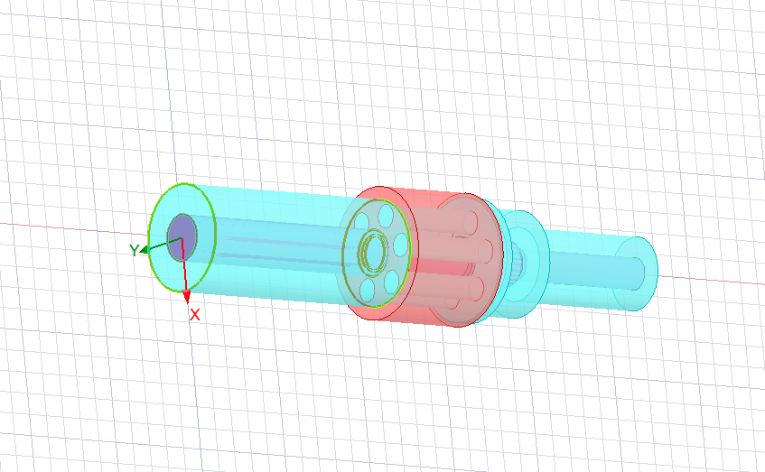 Isometric HFSS simulation mesh plot of a 1.0mm multi-pin precision connector, highlighting specified red and blue meshing regions for 110GHz precision testing.