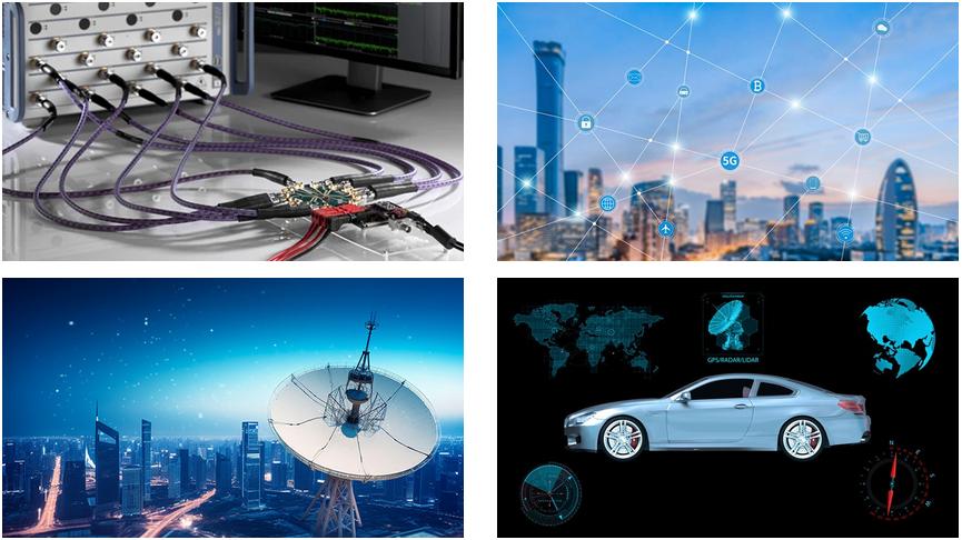 Diverse RF adapter applications in 5G telecom towers, automotive FAKRA systems, and test labs.