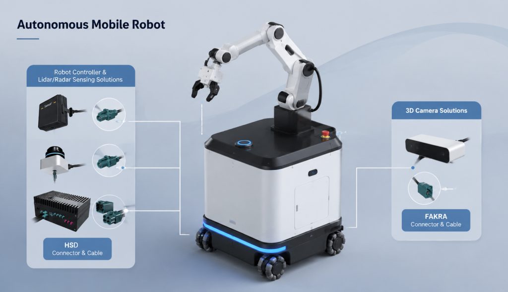 Autonomous mobile robot connectivity solutions featuring HSD and FAKRA connector cable assemblies for industrial automation applications