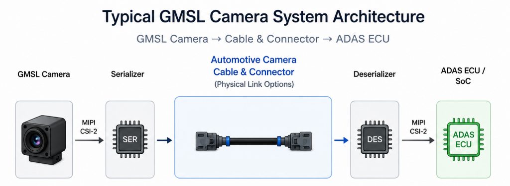 GMSL camera system architecture diagram showing coaxial gmsl cable and automotive camera connector link to ADAS ECU