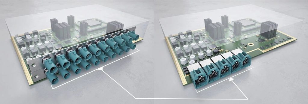 Comparison between traditional FAKRA and mini fakra HFM connector showing space saving for GMSL3 automotive camera connector