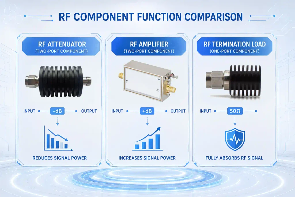 Functional comparison between RF attenuator, RF amplifier, and dummy load termination.