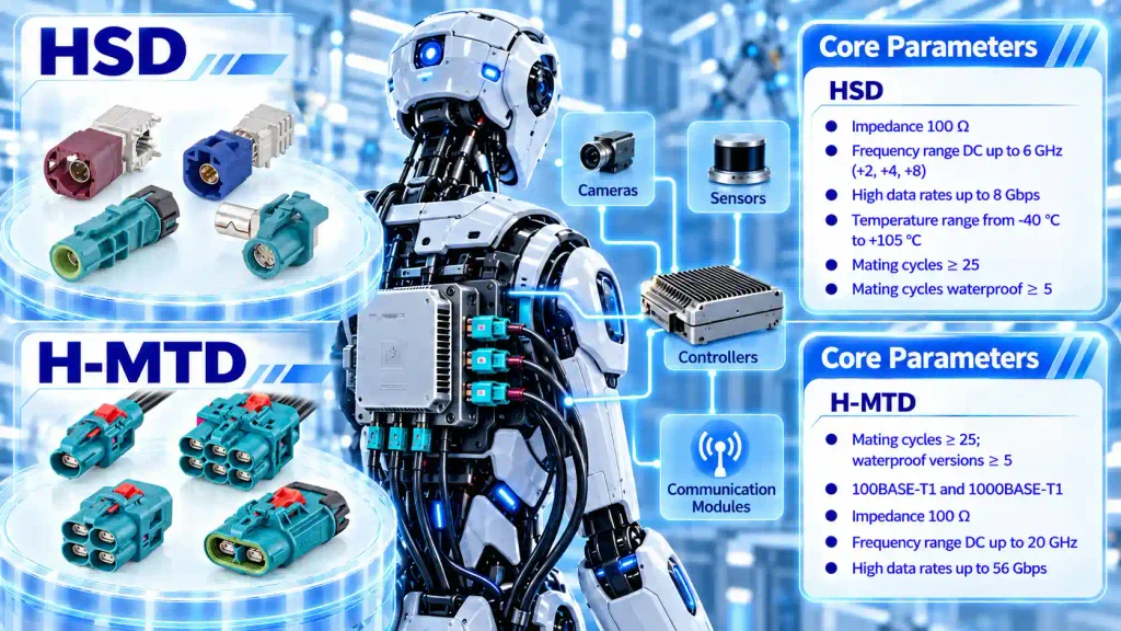 Humanoid robot with HSD and H-MTD connectors for high-speed data communication between central controllers, ECUs, sensors, and vision systems.