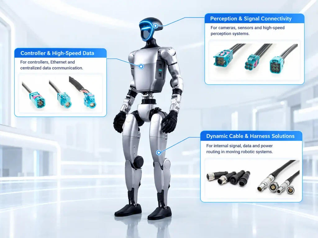 Humanoid robot connectivity solutions diagram, highlighting perception and signal connectors, controller and high-speed data connectors, and dynamic cable and harness solutions.