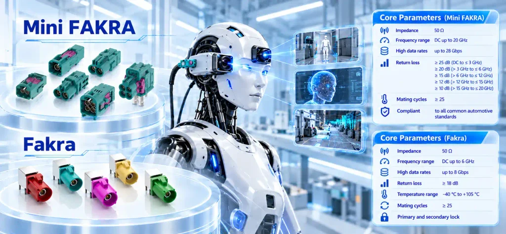 Humanoid robot vision and sensing system using Mini-FAKRA/HFM and FAKRA connectors for high-speed camera, LiDAR, sensor, and perception data transmission.