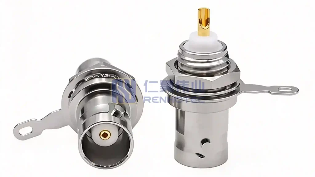Renhotec BNC female jack connector, front and side view on white background