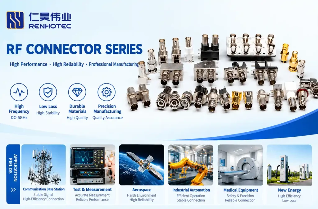 RF coaxial connectors used in communication base station, test & measurement, aerospace, automation, medical equipment and new energy